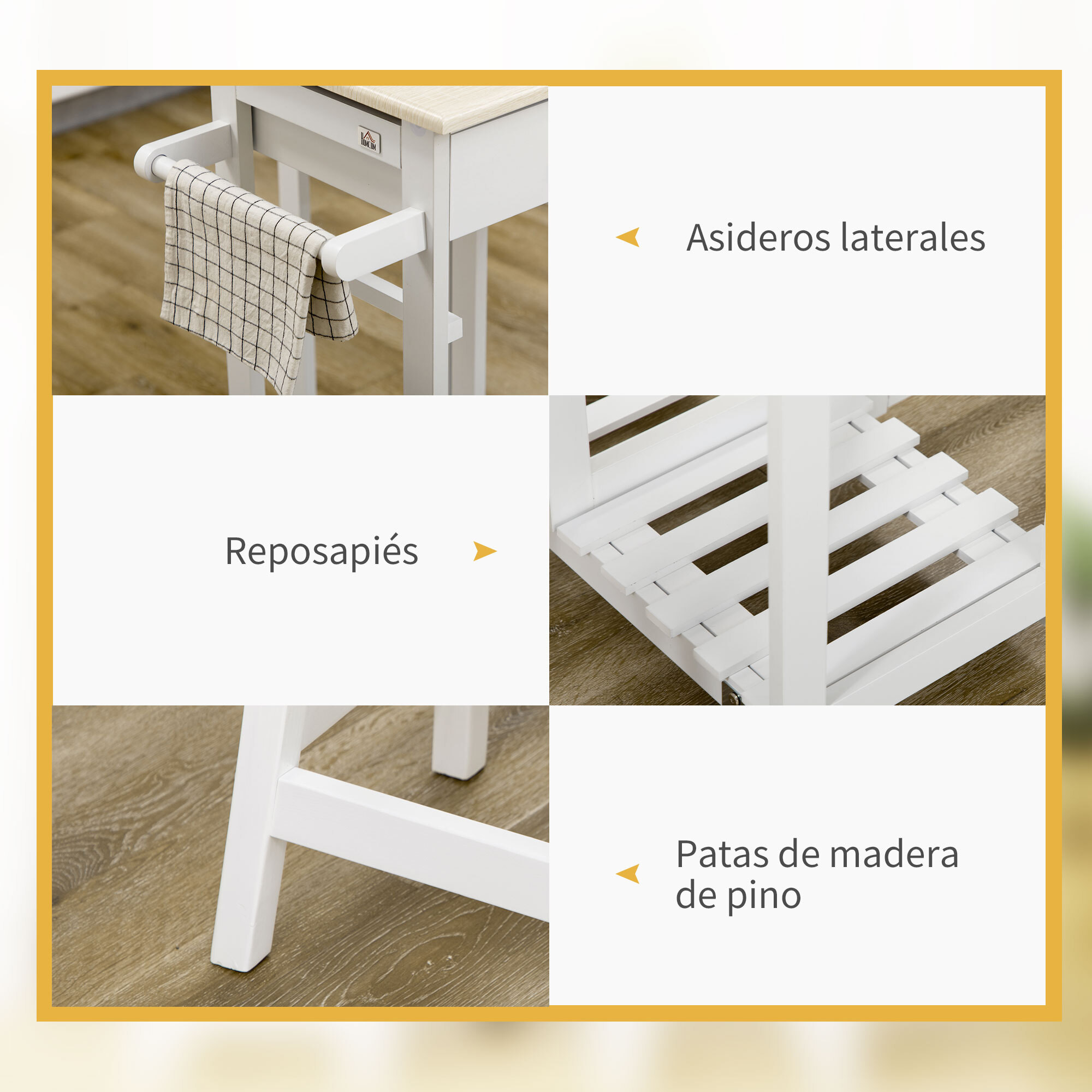 HOMCOM Carrito de Cocina de Madera 3 Piezas con 2 Taburetes Juego de Mesa de Bar con Ruedas Ala Abatible 2 Cajones Barras para Colgar y Estante de Almacenaje 87x74x86 cm Blanco