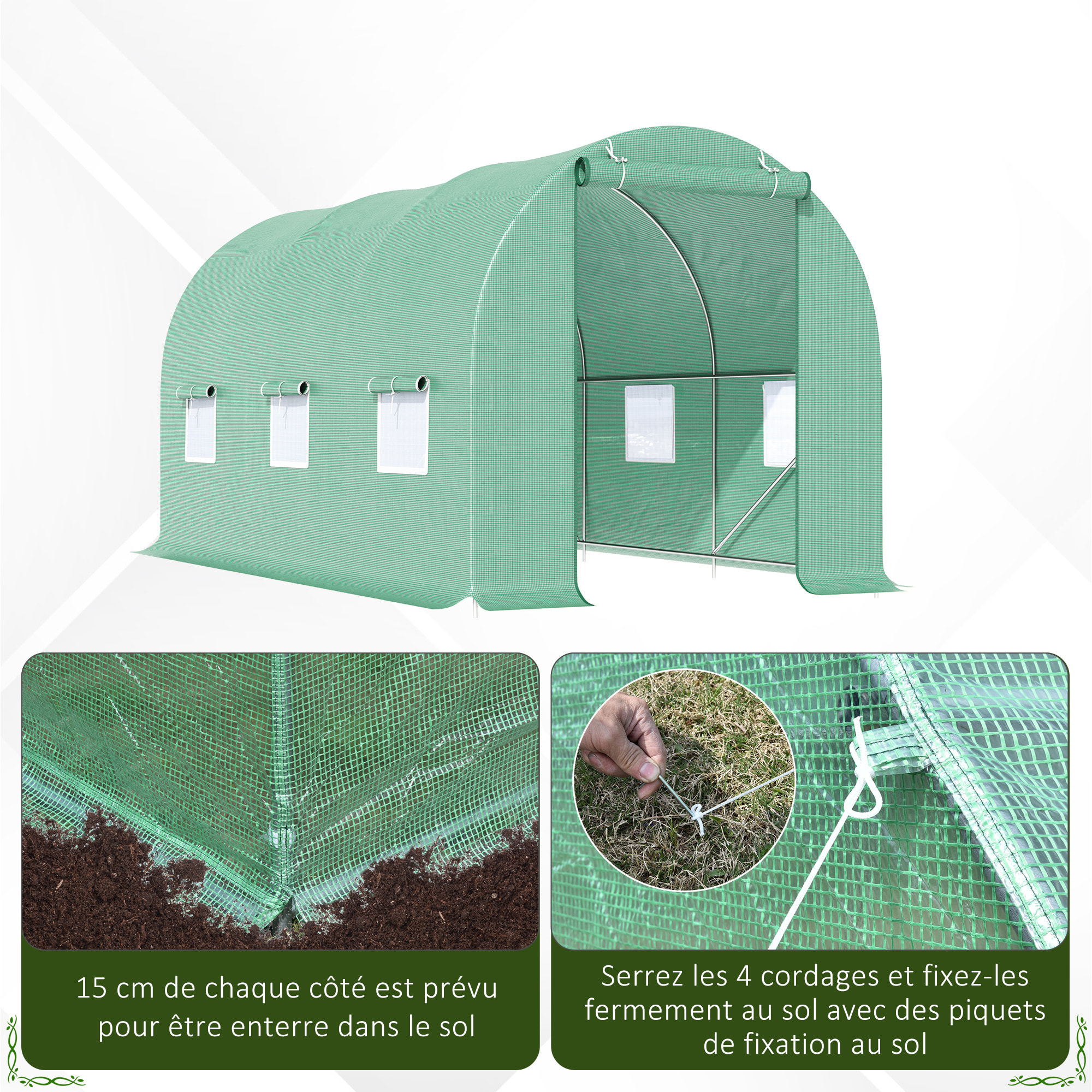 Serre de jardin tunnel 4,5L x 2l x 2H m châssis tubulaire acier galvanisé renforcé 1,8 cm 6 fenêtres 1 porte vert