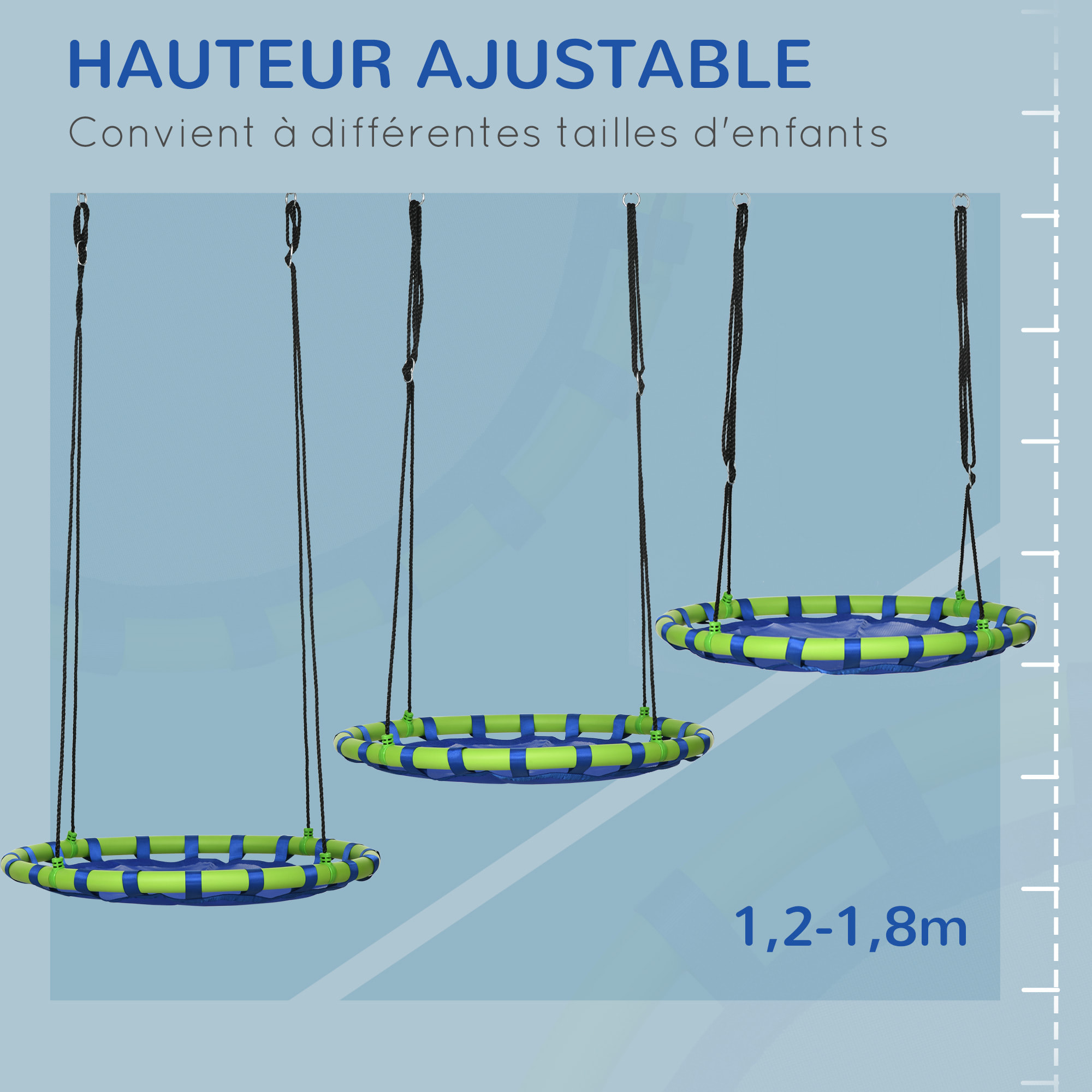 Balançoire nid d'oiseau ronde balançoire panier Ø 100 x 120-180H cm accessoires inclus bleu vert
