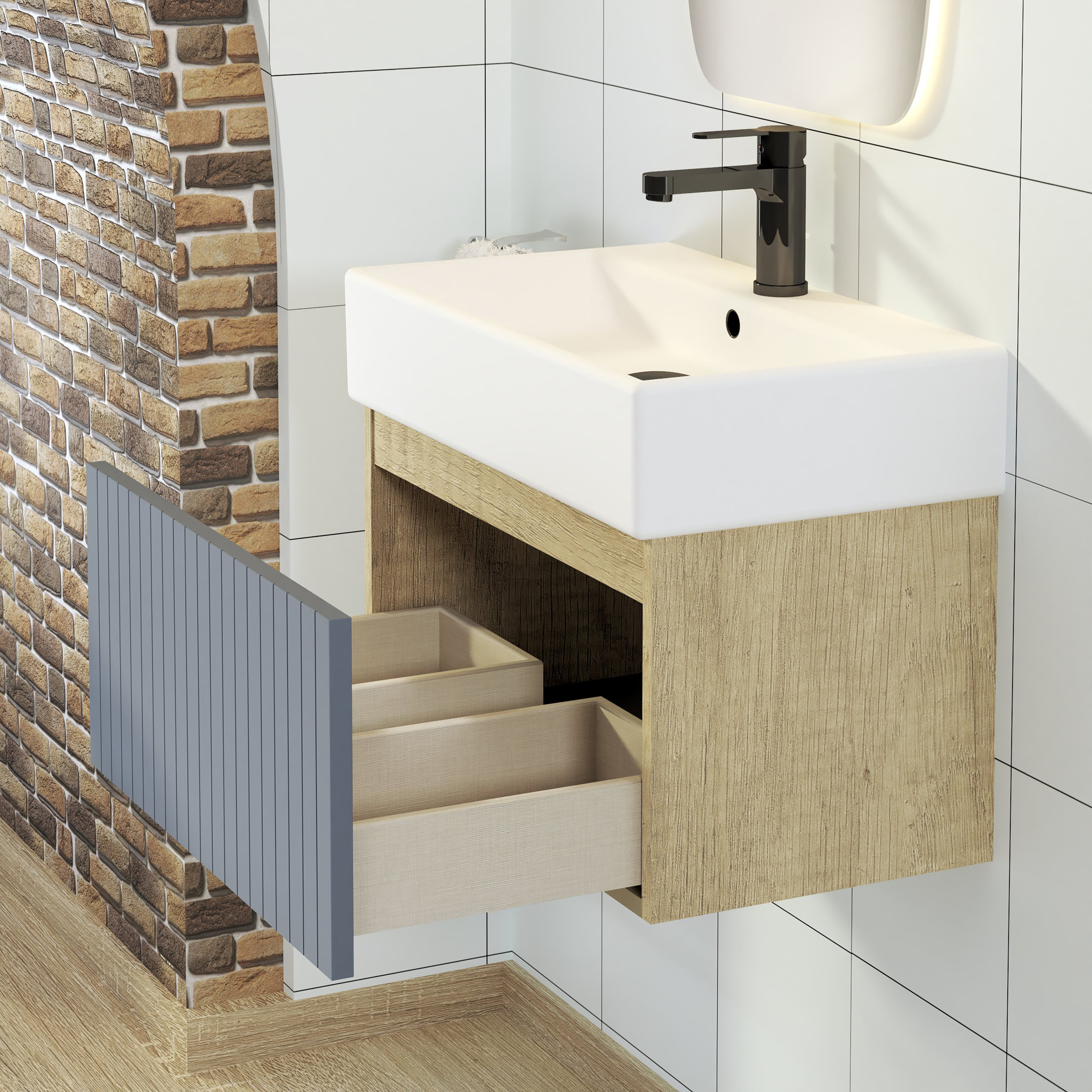 Conjunto de Baño Zel | Mueble Suspendido | 60 cm Azul | Un Cajón | Lavabo Encastrado | No incluye Espejo | Mueble Montado| Alday