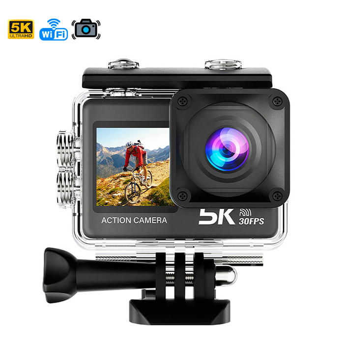 Camera Sportiva M60 TR 5k 30fps con 47,75 mpx, doppio schermo da 2" e 1.3" con una moltitudine di accessori sportivi e WIFI.