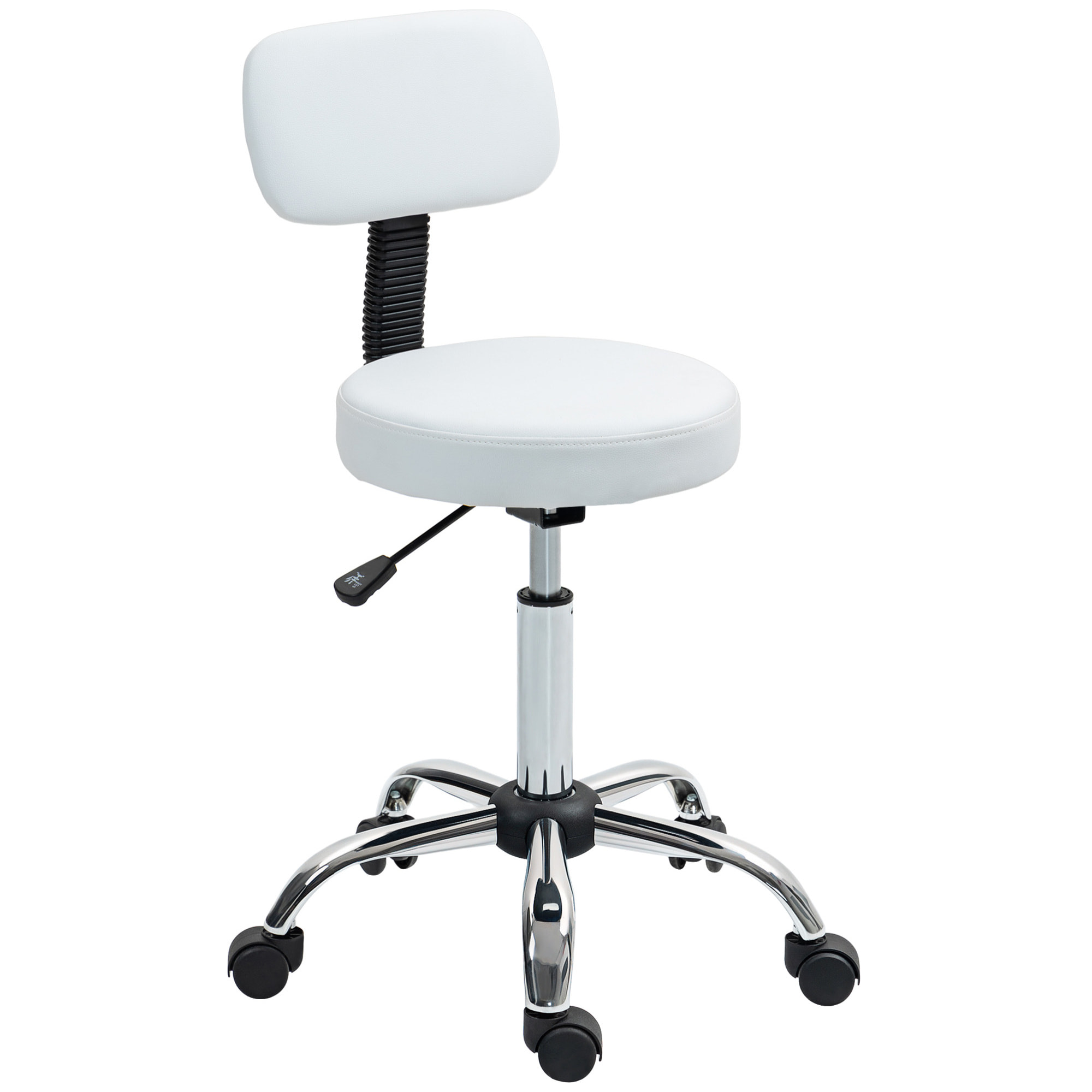 Taburete con Ruedas Giratorio, Taburete de Trabajo con Respaldo Desmontable, Altura Regulable, Tapizado en Cuero Sintético, para Oficina, Dormitorio, Blanco