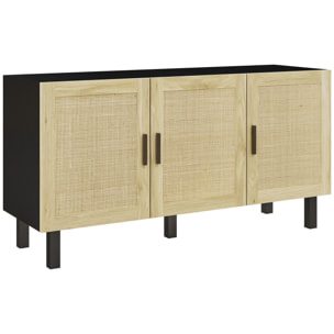 Buffet 3 portes style bohème chic cannage en rotin panneaux aspect bois clair noir