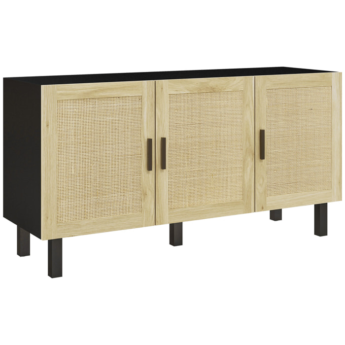 Buffet 3 portes style bohème chic cannage en rotin panneaux aspect bois clair noir