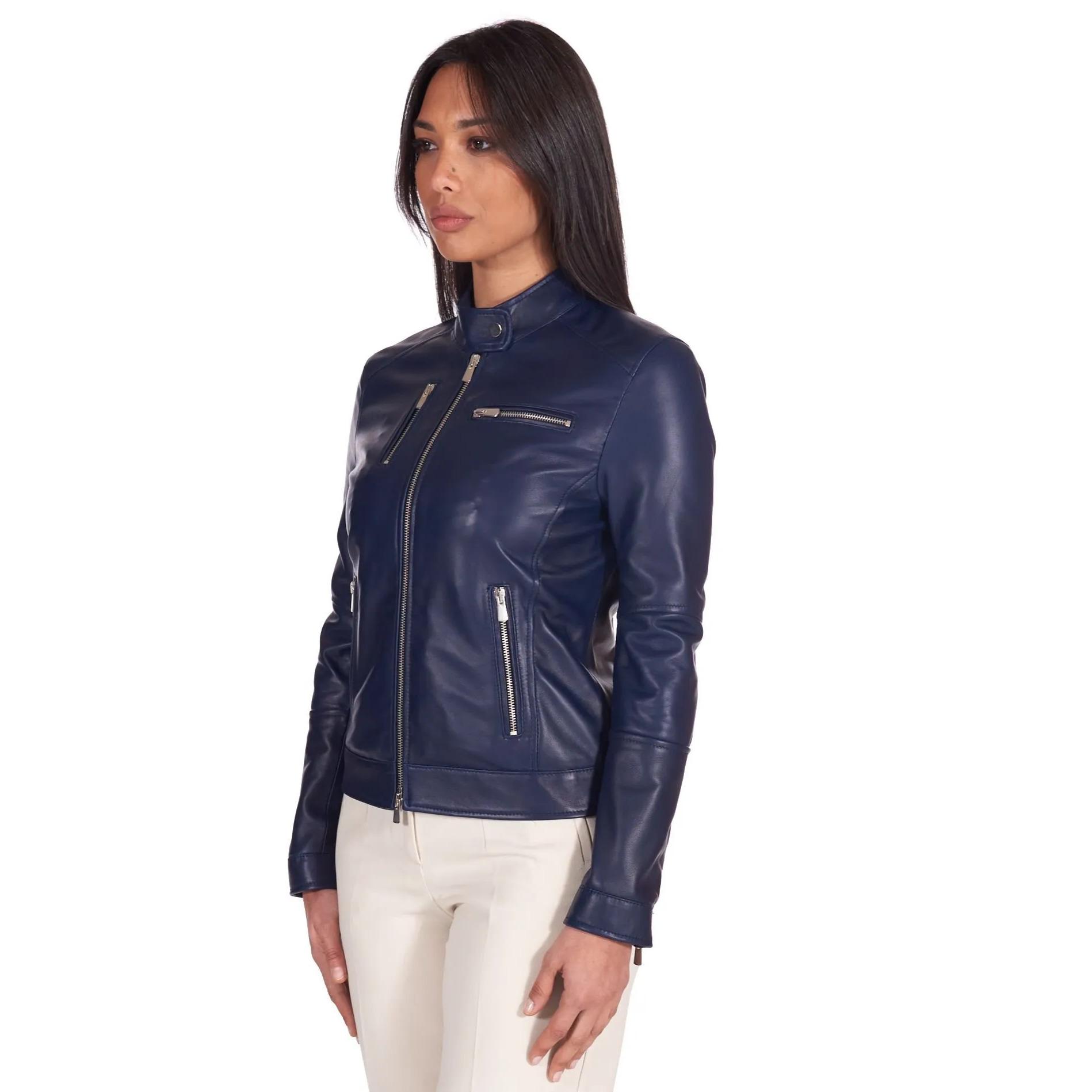 Giacca biker in pelle naturale blu avion effetto liscio