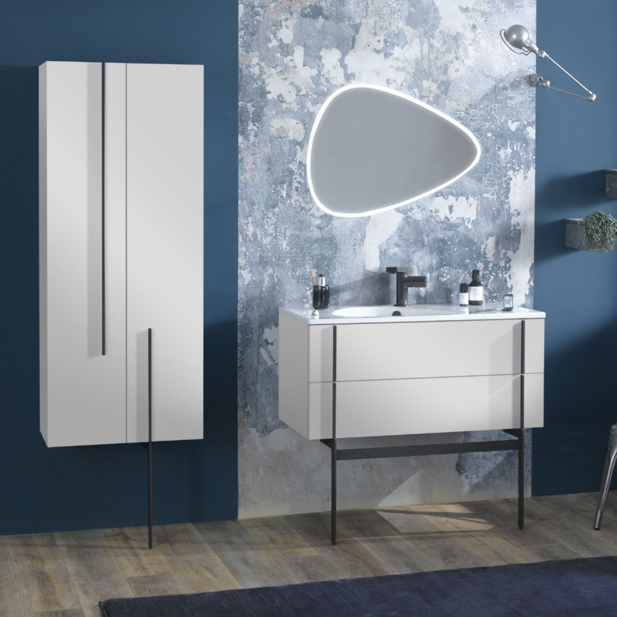 Meuble de salle de bain 145 cm Nouvelle Vague blanc brillant + tiroir rack + colonne 2 portes