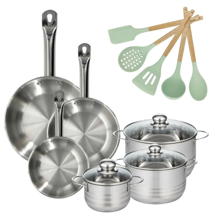 Batterie de cuisine avec 3 faitouts 16/20/24 cm et 3 poêles 20/24/28 cm avec 5 ustensiles de cuisine Fackelmann Etherna Brillant Fenix Océan