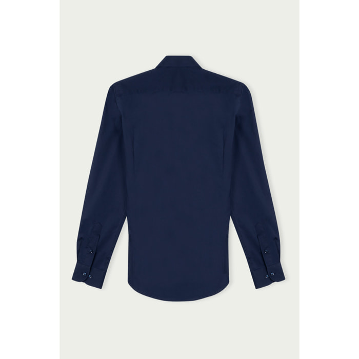 Camicia Uomo 1 Bottone Francese Slim Popeline Stretch Unito Blu
