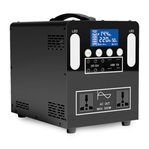 Estación de energía portátil B-500. 500W y batería de 12V 50Ah. Con onda sinusoidal pura y 2 paneles solares de 100W incluidos. Luz LED integrada con 4 modos.