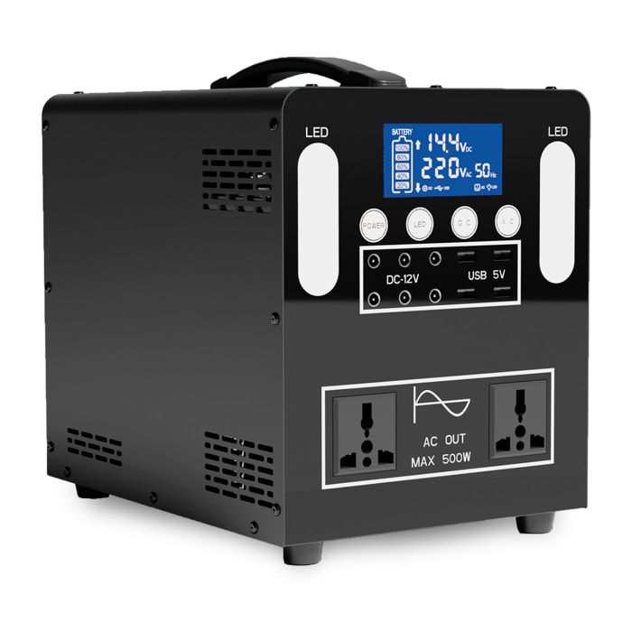Estación de energía portátil B-500. 500W y batería de 12V 50Ah. Con onda sinusoidal pura y 2 paneles solares de 100W incluidos. Luz LED integrada con 4 modos.