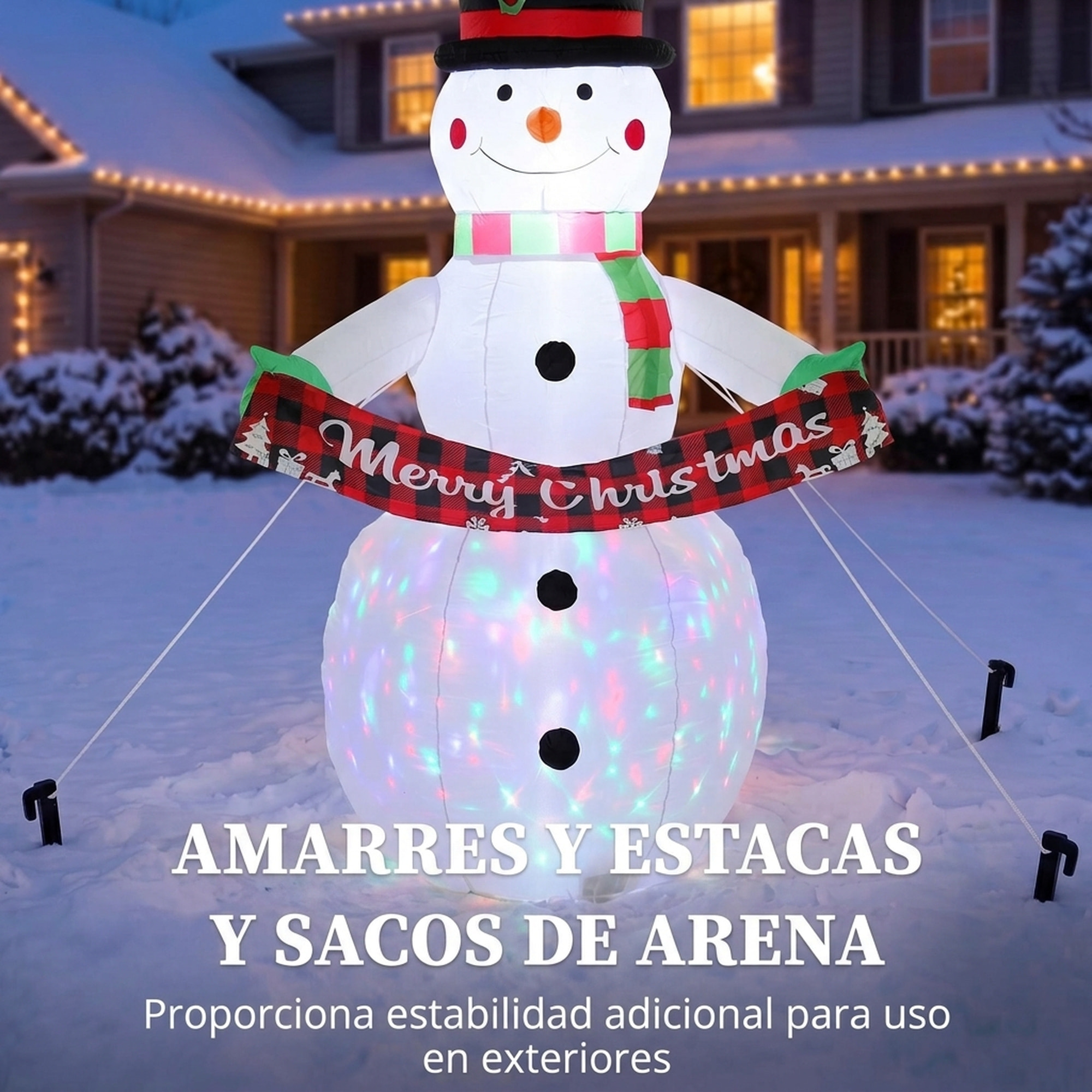 Outsunny Muñeco de Nieve Hinchable de Navidad 205 cm con Luces LED, Muñeco Inflable Navideño Exterior con Música, Decoración Navideña para Jardín, Patio, Terraza, Casa, Balcón