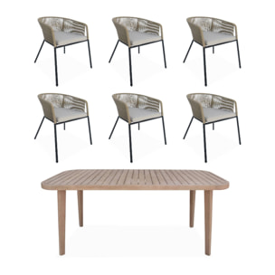 Table de jardin en bois d'eucalyptus. intérieur / extérieur + 6 fauteuils en corde beige et métal