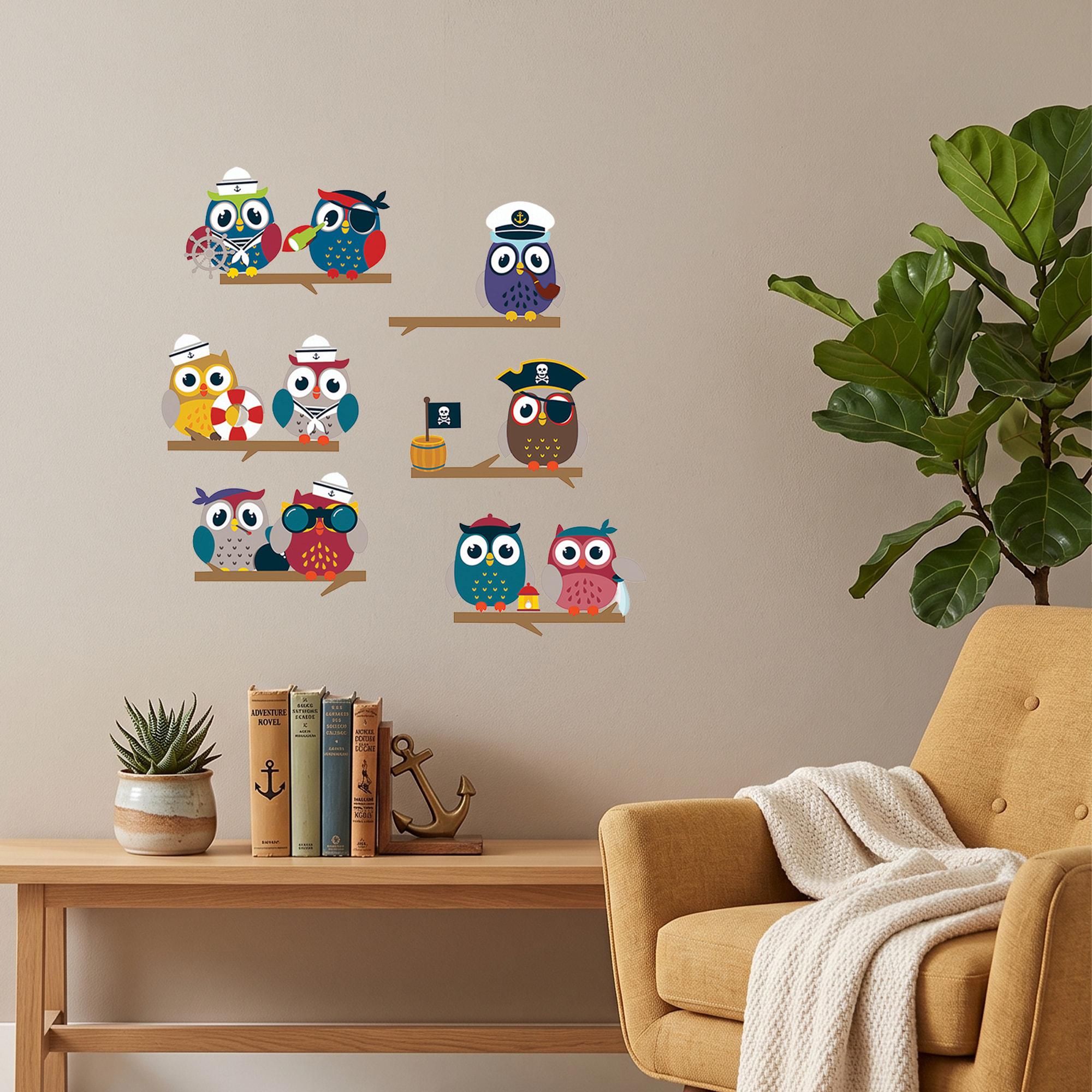 Stickers Muraux décoration adhésifs hiboux pirates sur branches