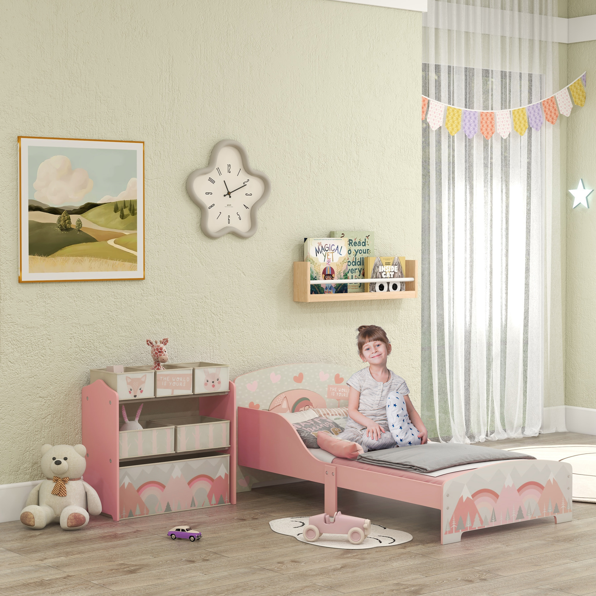 Conjunto para Niños Incluye 1 Cama Infantil de Madera con Barreras de Protección y 1 Estantería para Juguetes con 6 Cajas de Tela no Tejida Extraíbles Rosa