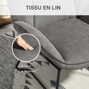 Fauteuil lounge design contemporain - dossier incliné, assise accoudoirs enveloppants - acier noir tissu gris