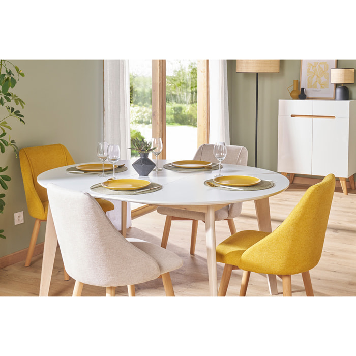 Table à manger scandinave ronde extensible blanc et bois L120-150 cm LEENA