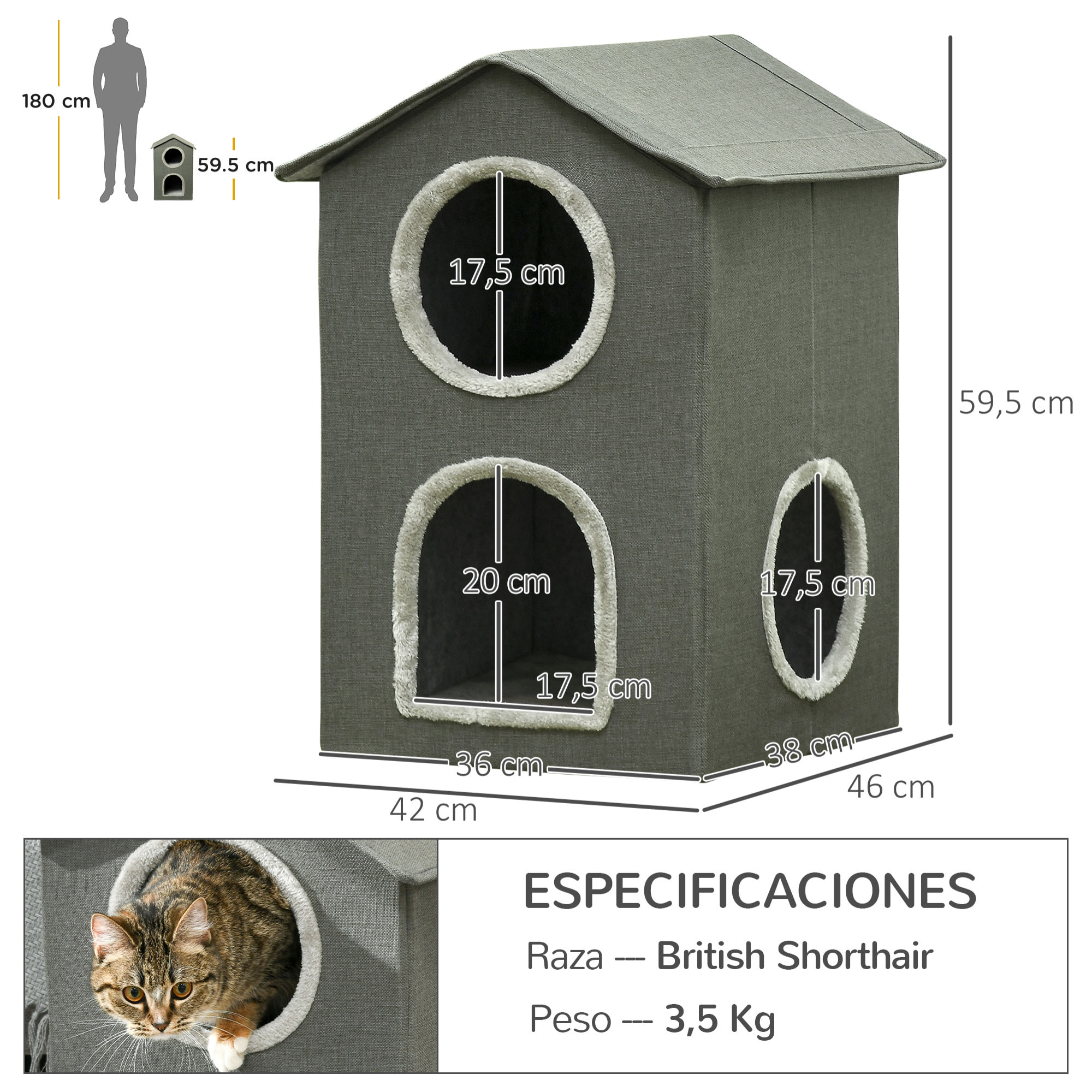 Casa para Gatos de 2 Niveles Cama para Gatos Cueva para Gatos con 3 Puertas y Cojines Lavables 42x46x59,5 cm Gris