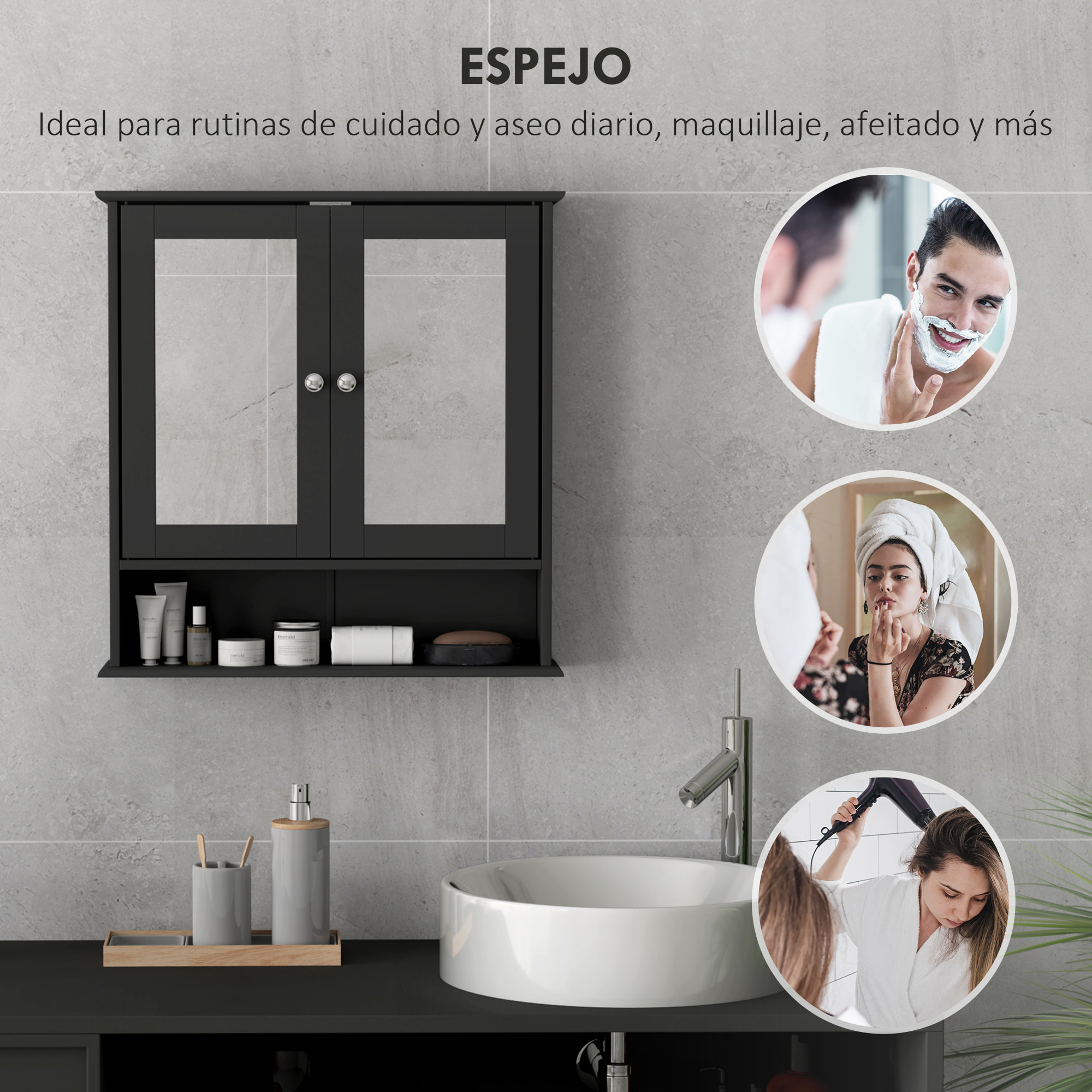 Armario de Baño con Espejo, Armario de Pared con 2 Puertas, Estante Abierto, Estante Ajustable, Mueble de Baño Colgar para Cocina, Salón, 56x13x58 cm, Negro