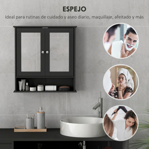 Armario de Baño con Espejo, Armario de Pared con 2 Puertas, Estante Abierto, Estante Ajustable, Mueble de Baño Colgar para Cocina, Salón, 56x13x58 cm, Negro