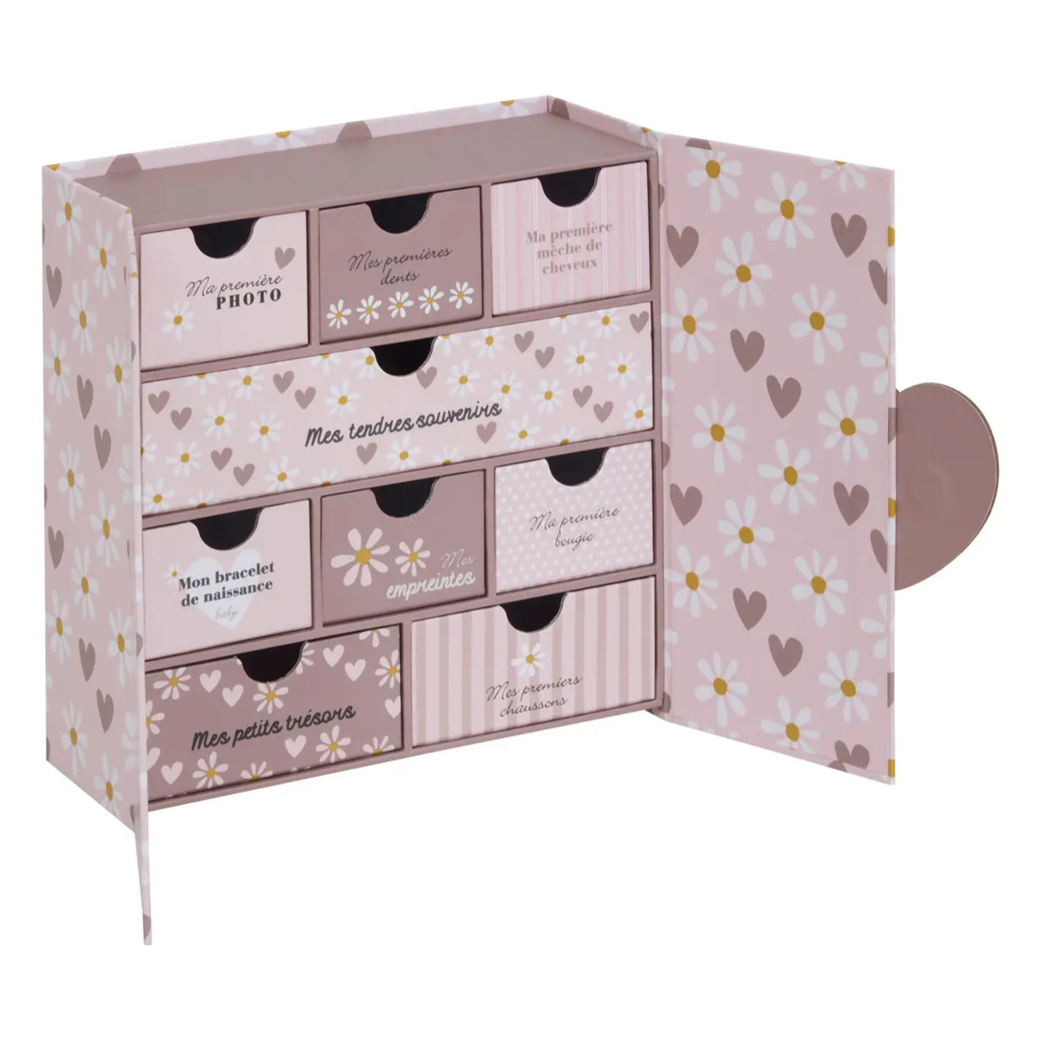 Coffret de naissance souvenirs cœurs 9 tiroirs rose