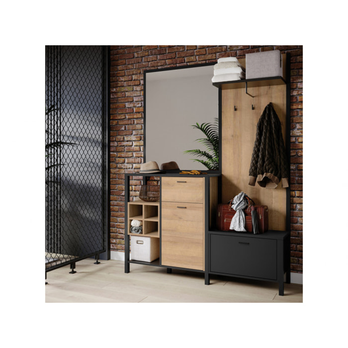 Vestiaire en bois effet chêne avec rangements et miroir - ROCK