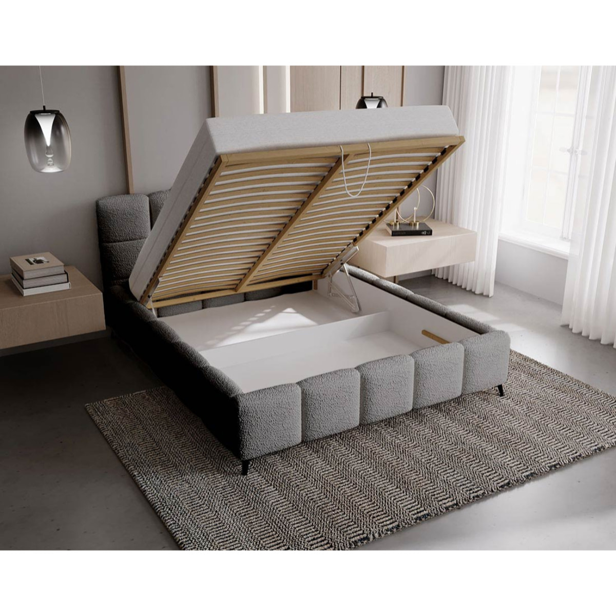 Paulito - lit coffre - 160x200 cm - sommier inclus - en tissu bouclette - Gris