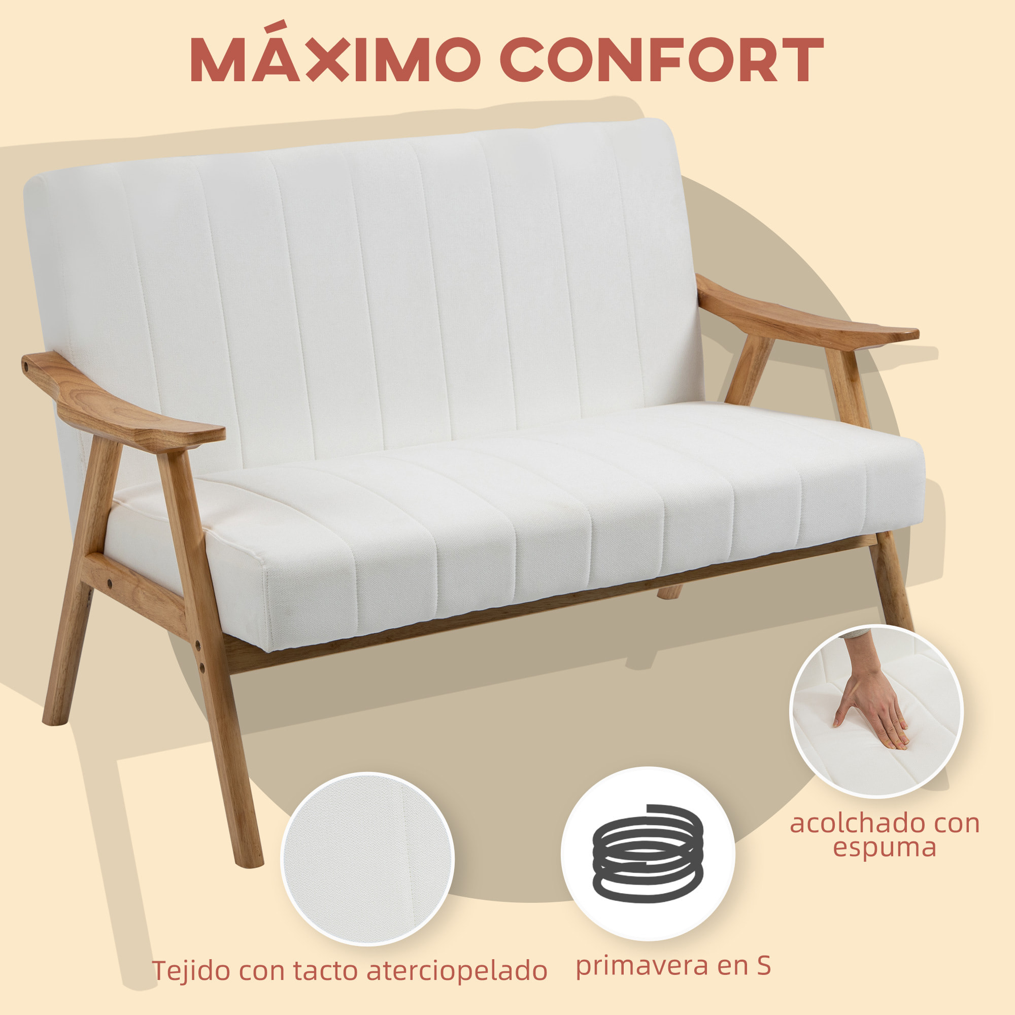 Sofá de 2 Plazas Moderno Sofá de Salón Decorativo Tapizado en Poliéster con Asiento Acolchado y Patas de Madera para Dormitorio Carga 200 kg 126x74x82 cm Crema