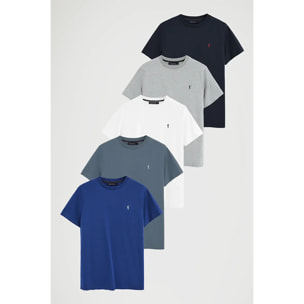 Pack hombre de cinco camisetas azul marino, gris vigoré, blanca, azul denim y azul royal de manga corta y bordado Rigby Go
