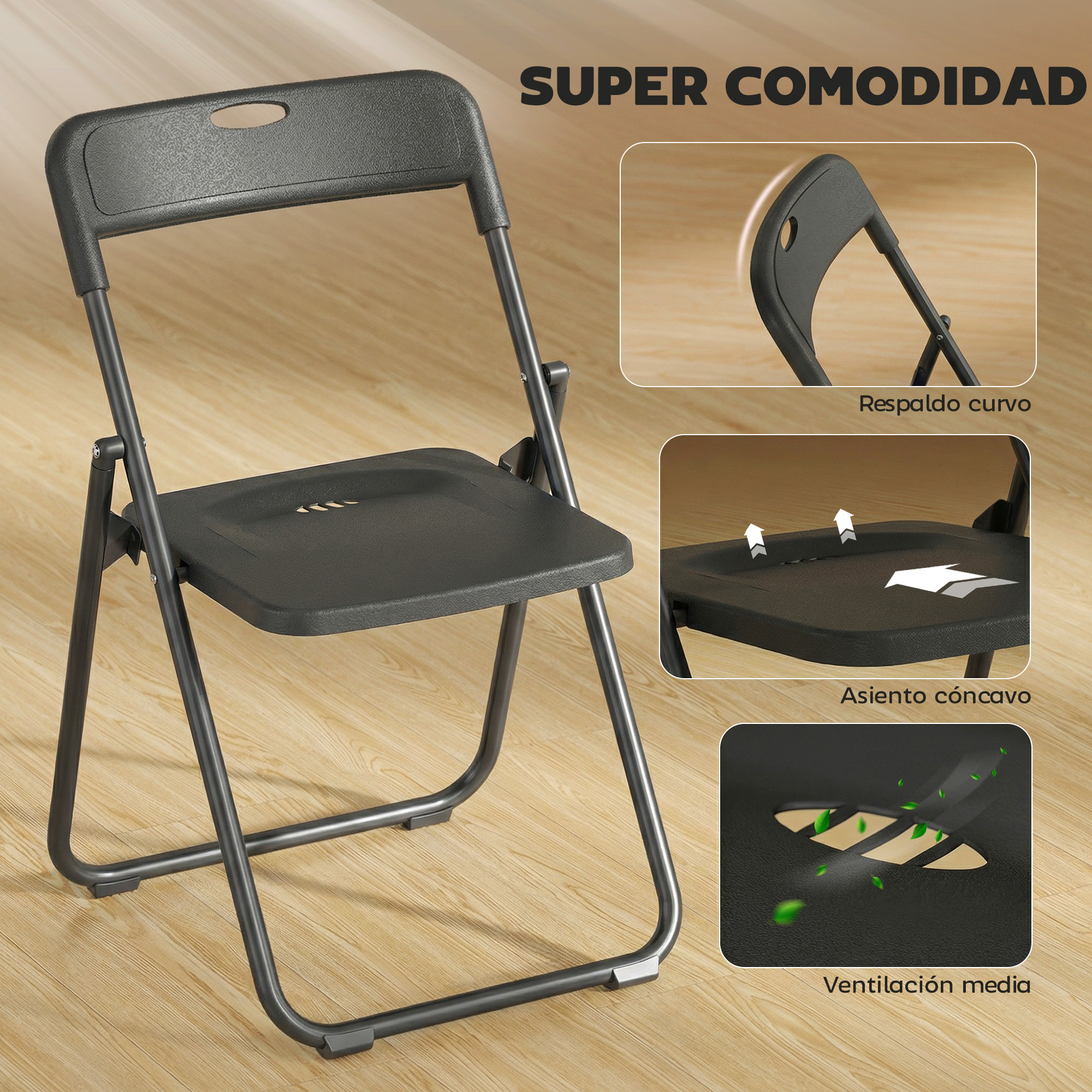 Juego de 6 Sillas Plegables de Plástico, Estructura de Acero, Sillas de Comedor con Respaldo Curvo, Asiento Cóncavo, para Espacios Pequeños, Salón, Oficina, Cocina, Negro