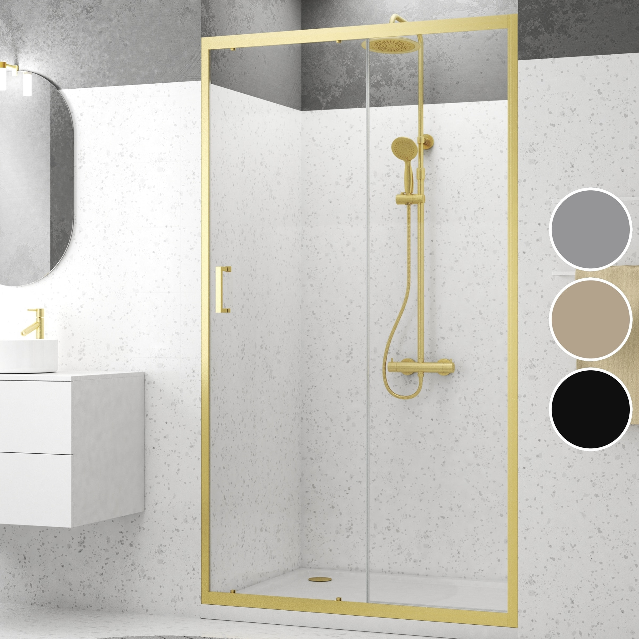 Porte de douche Coulissante 120x200cm - Profilés Or Doré Brossé - Verre Trempé 6mm - GOLDY CRUSH