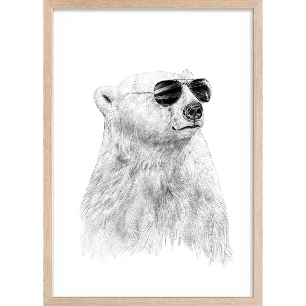 Affiche enfant ours polaire et lunette  Affiche + cadre en bois - Chêne