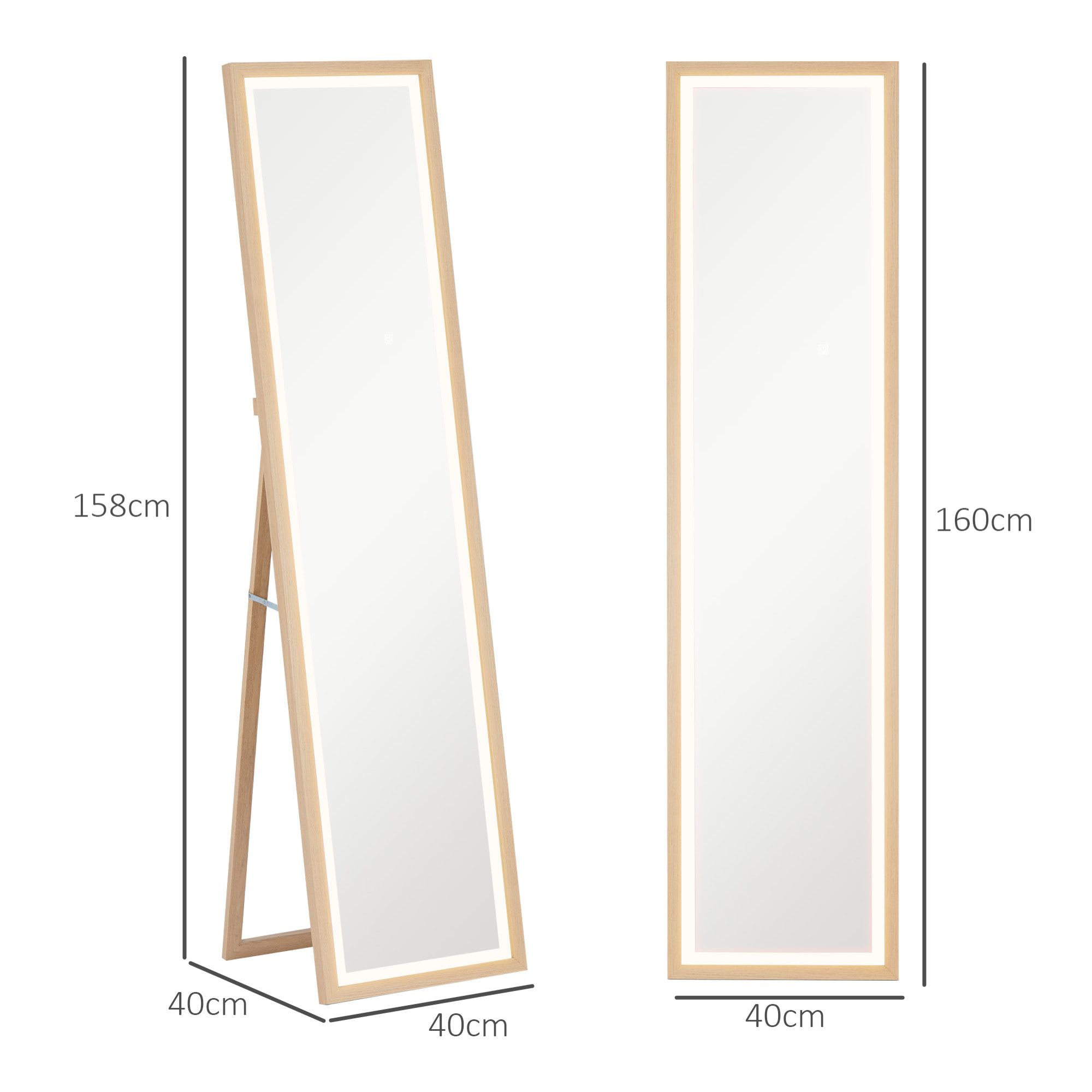 Grand miroir LED pleine longueur 40 x 160 cm autoportant ou à fixer - 3 couleurs luminosité réglable - effet bois