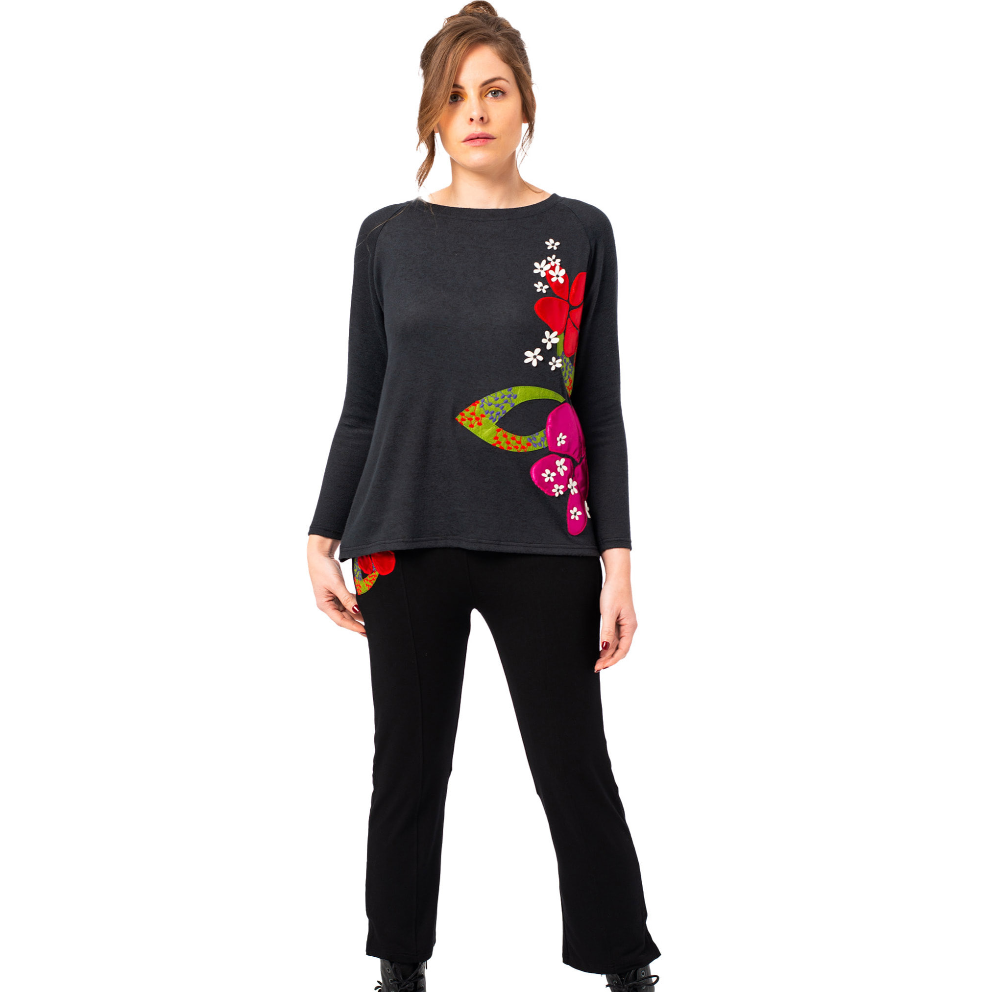 Mamatayoe Mimesis. Camiseta de Manga Larga para Mujer de Color Negro con Detalles Bordados para Otoño Invierno. Suéter Ligero de Cuello Redondo y Espalda Abierta de Estilo Casual.