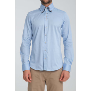 Camicia Uomo 2 Bottoni Button Down Triplo Collo Slim Satin Unito Celeste