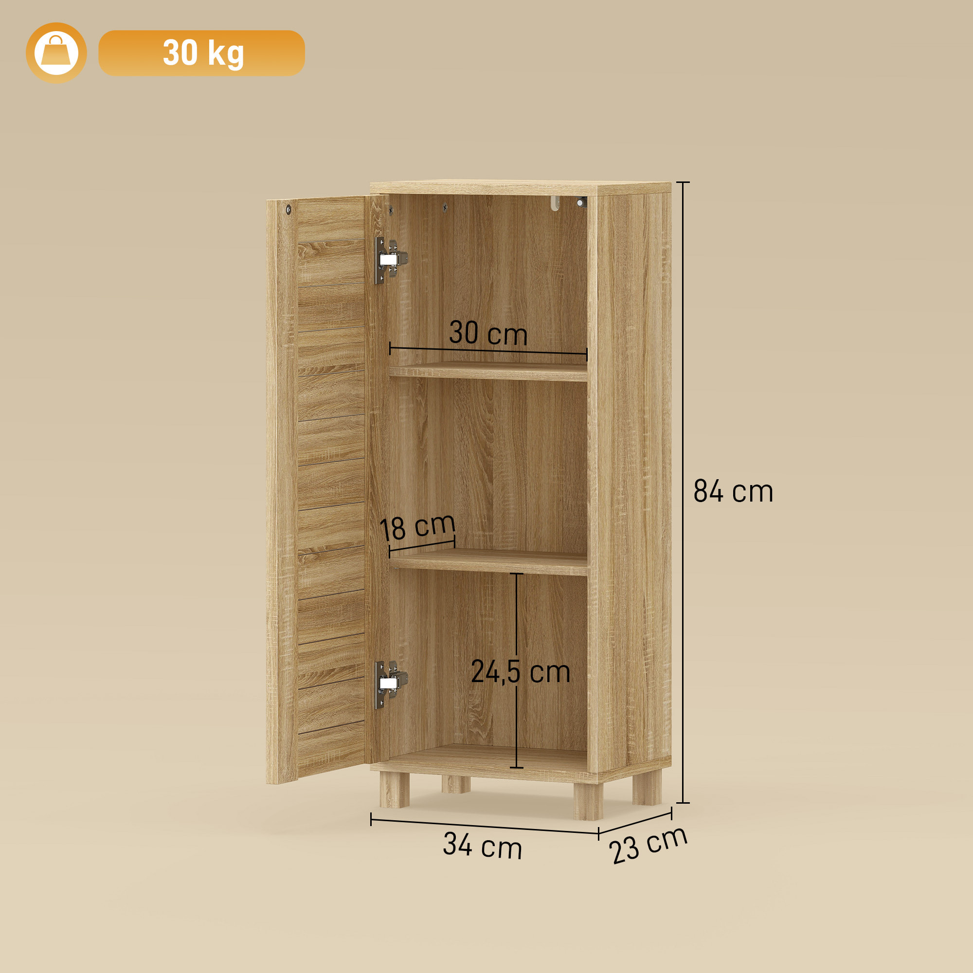 Armario de Baño Estrecho, Mueble Auxiliar de Baño con Puerta de Listones, 3 Estantes y Estante Ajustable, Apertura por Presión, Ahorro Espacio, 34x23x84 cm, Natural