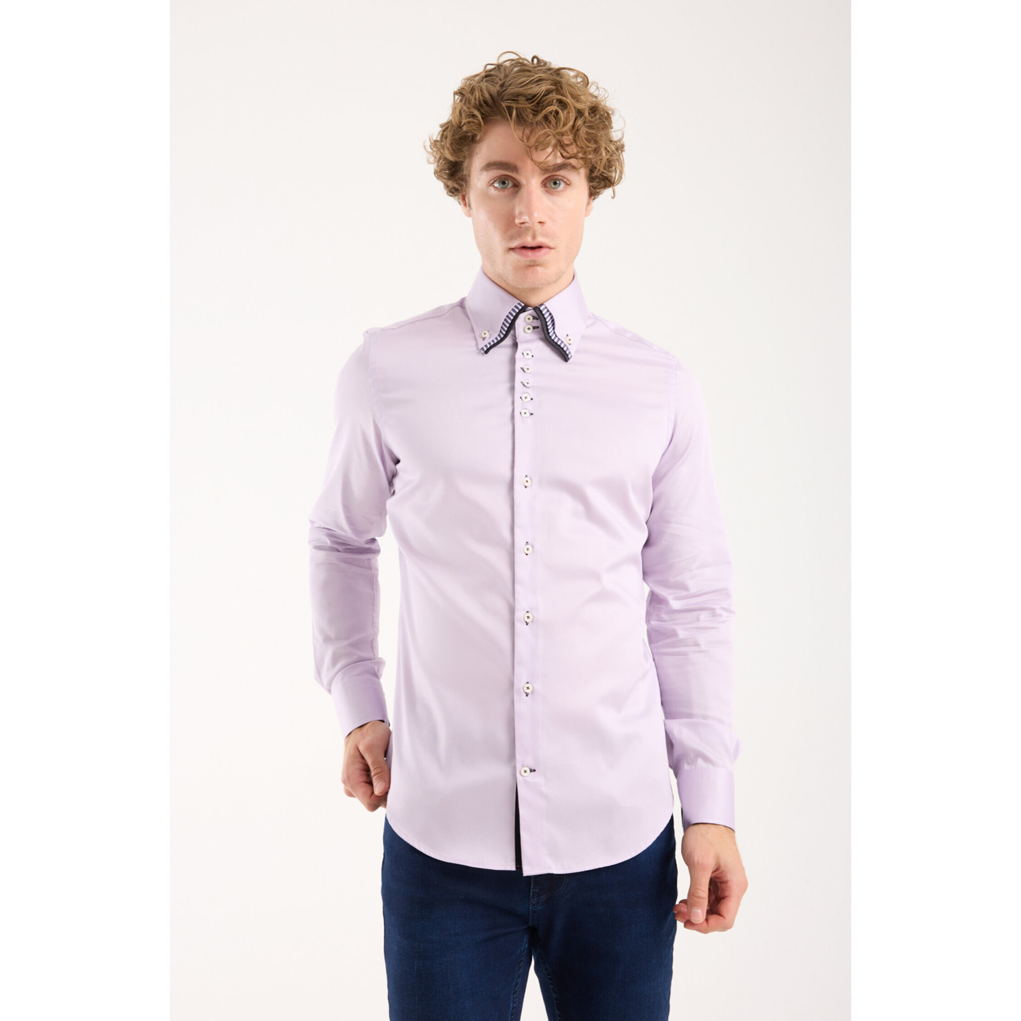 Camicia Uomo 2 Bottoni Button Down Triplo Collo Slim Satin Unito Lilla