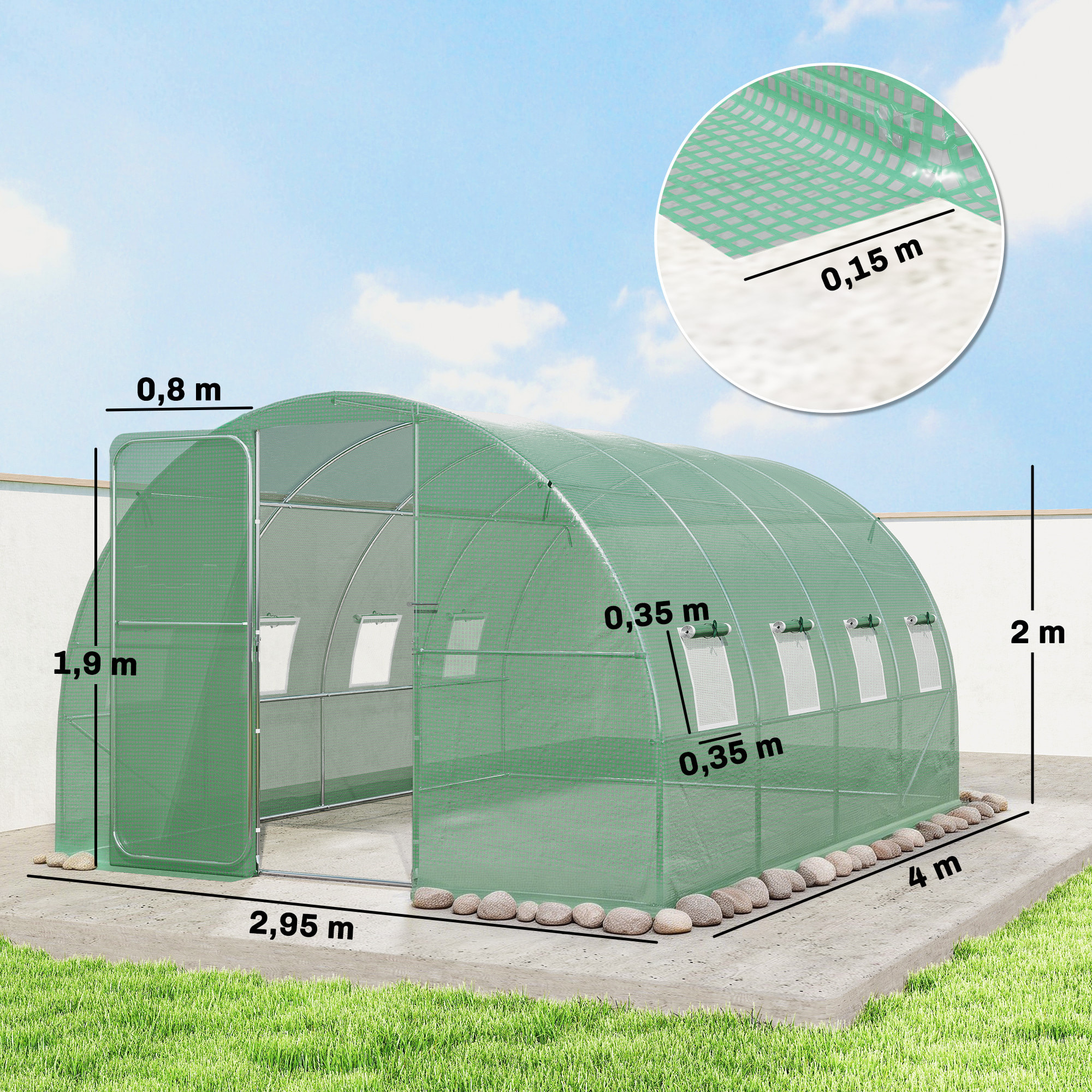 Serre tunnel de jardin - 12m², 295x400x200cm - porte et 8 fenêtres - bâche PE haute densité 140 g/m² - pour extérieur - vert