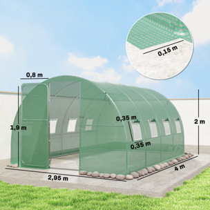 Serre tunnel de jardin - 12m², 295x400x200cm - porte et 8 fenêtres - bâche PE haute densité 140 g/m² - pour extérieur - vert