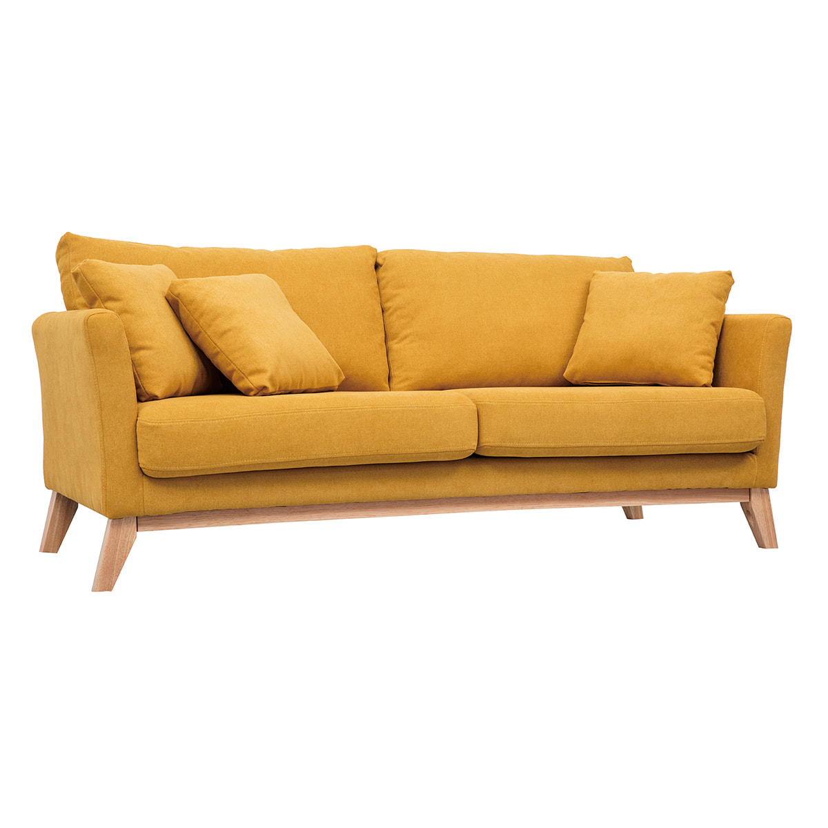 Canapé scandinave déhoussable 3 places en tissu effet velours jaune moutarde et bois clair OSLO