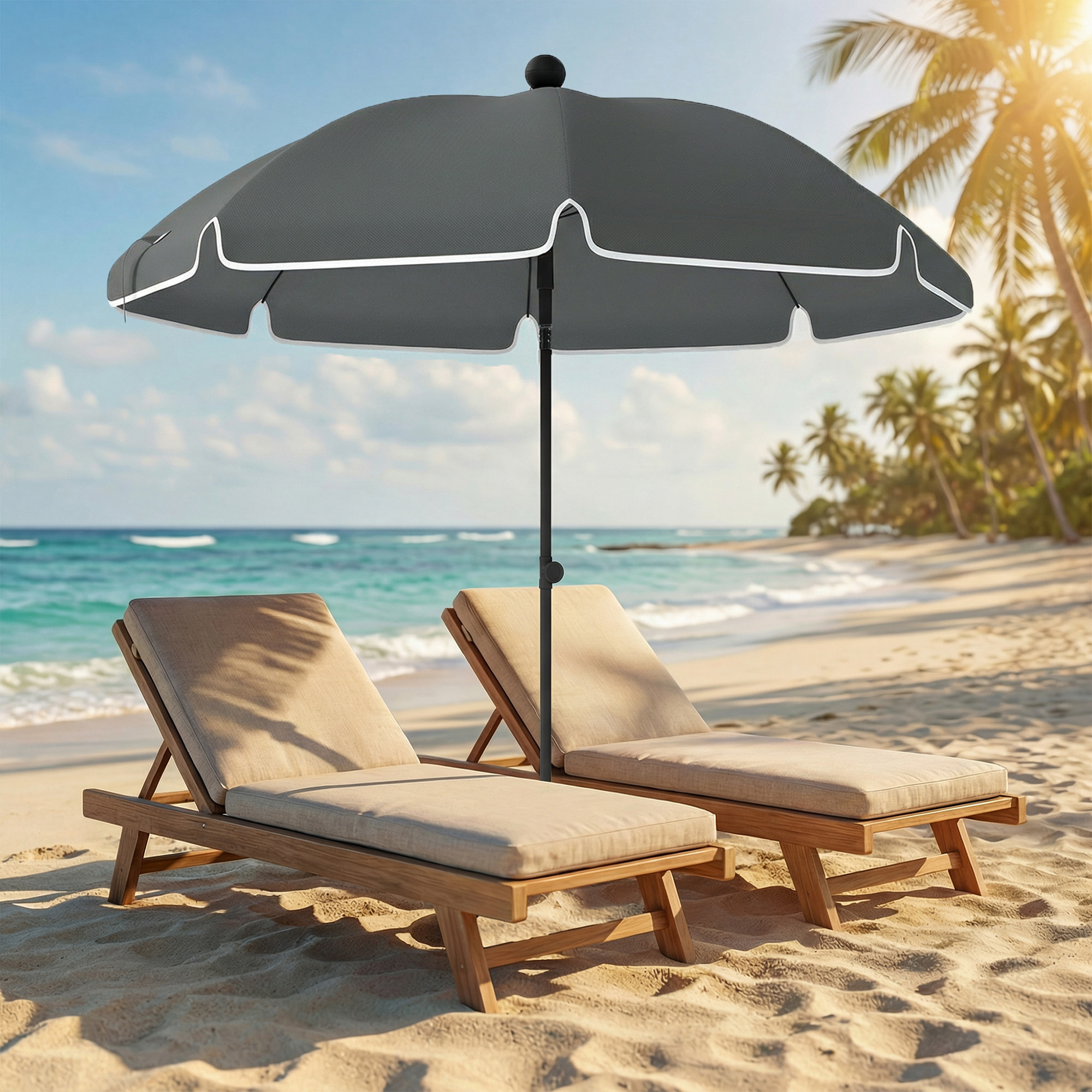 Parasol de plage inclinable dia. 1,5 m lambrequin vagues douces liseret blanc gris