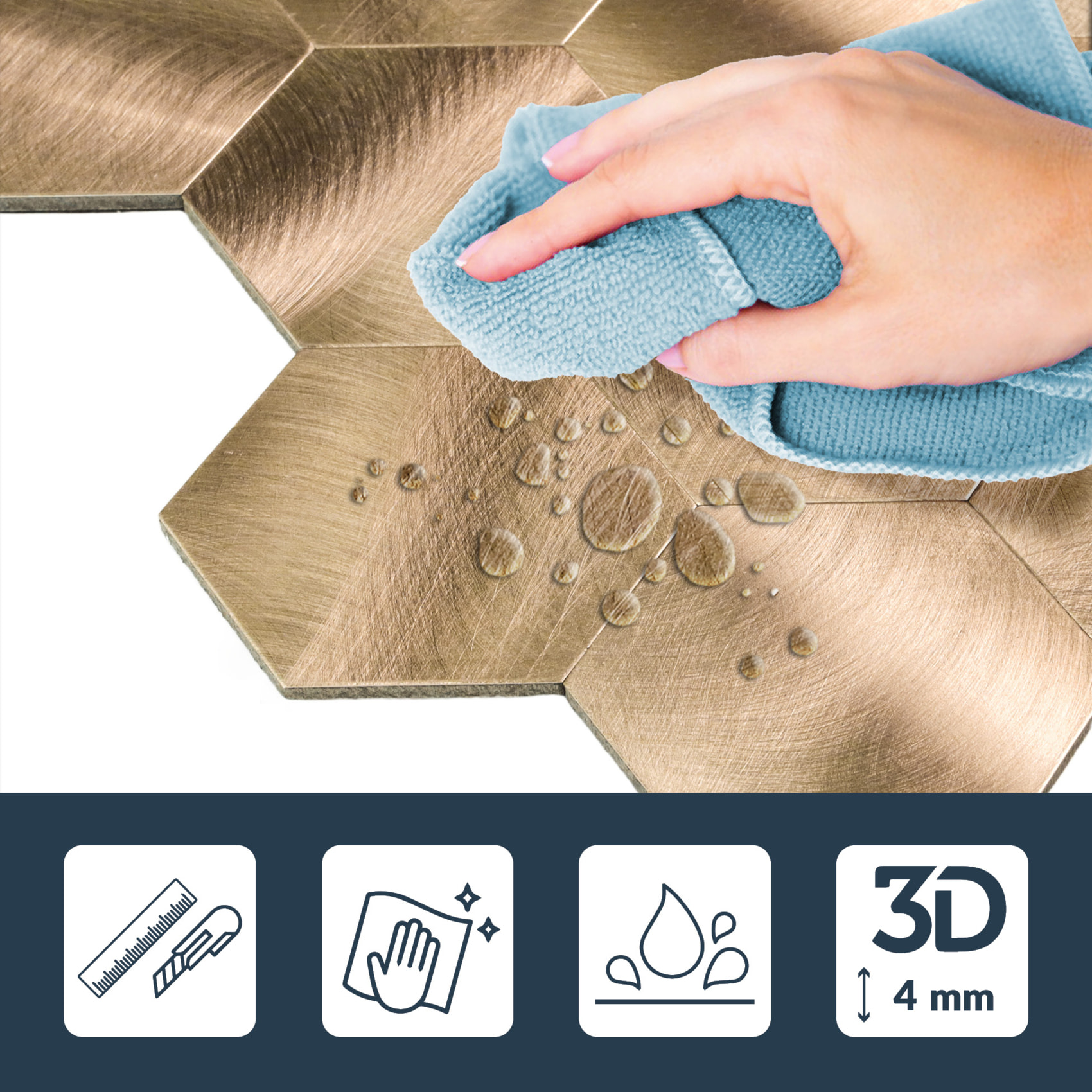 Crédence adhésive murale 3D  - Effet carrelage hexagonal 4 pièces - Cuivre