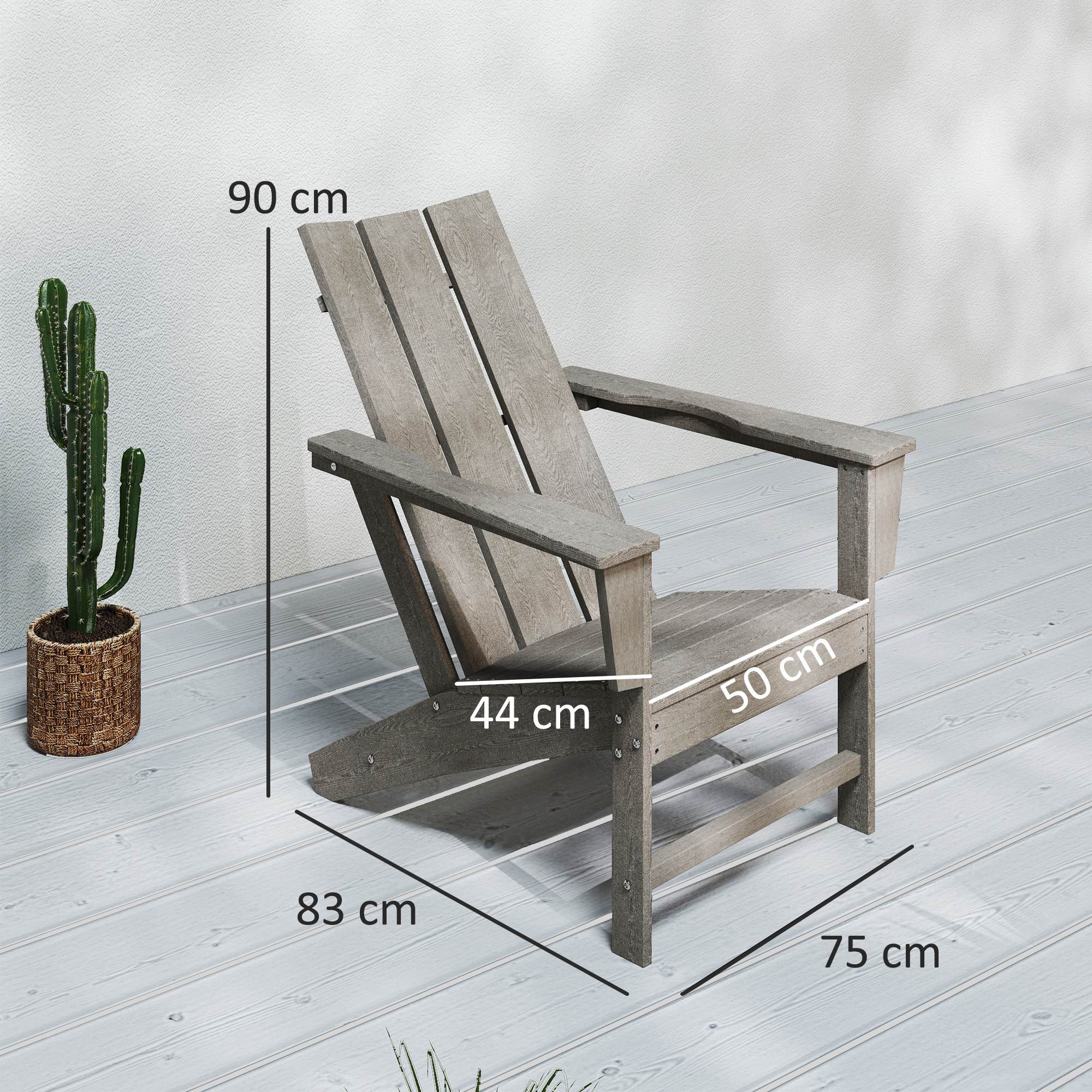 Silla Adirondack Exterior Silla de Jardín con Asiento Extra Ancho Carga 120 kg para Patio Terraza Balcón 75x83x90 cm Gris Oscuro