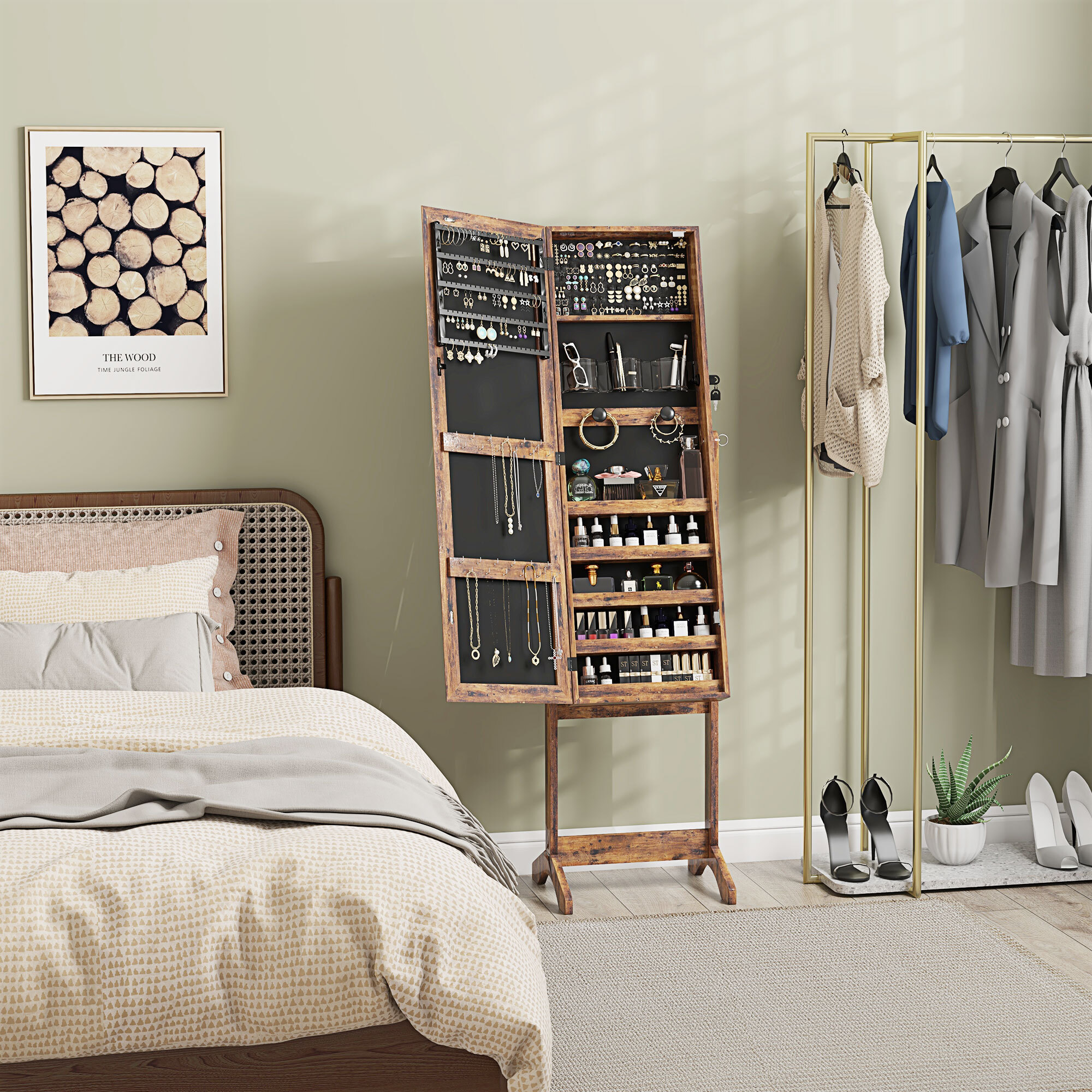 Espejo Joyero con Luces LED, Armario para Joyas, Armario Joyero de Pie con Espejo Entero, Inclinado en 3 Ángulos, Cierre Magnético, Cerradura con 2 Llaves, Marrón Rústico