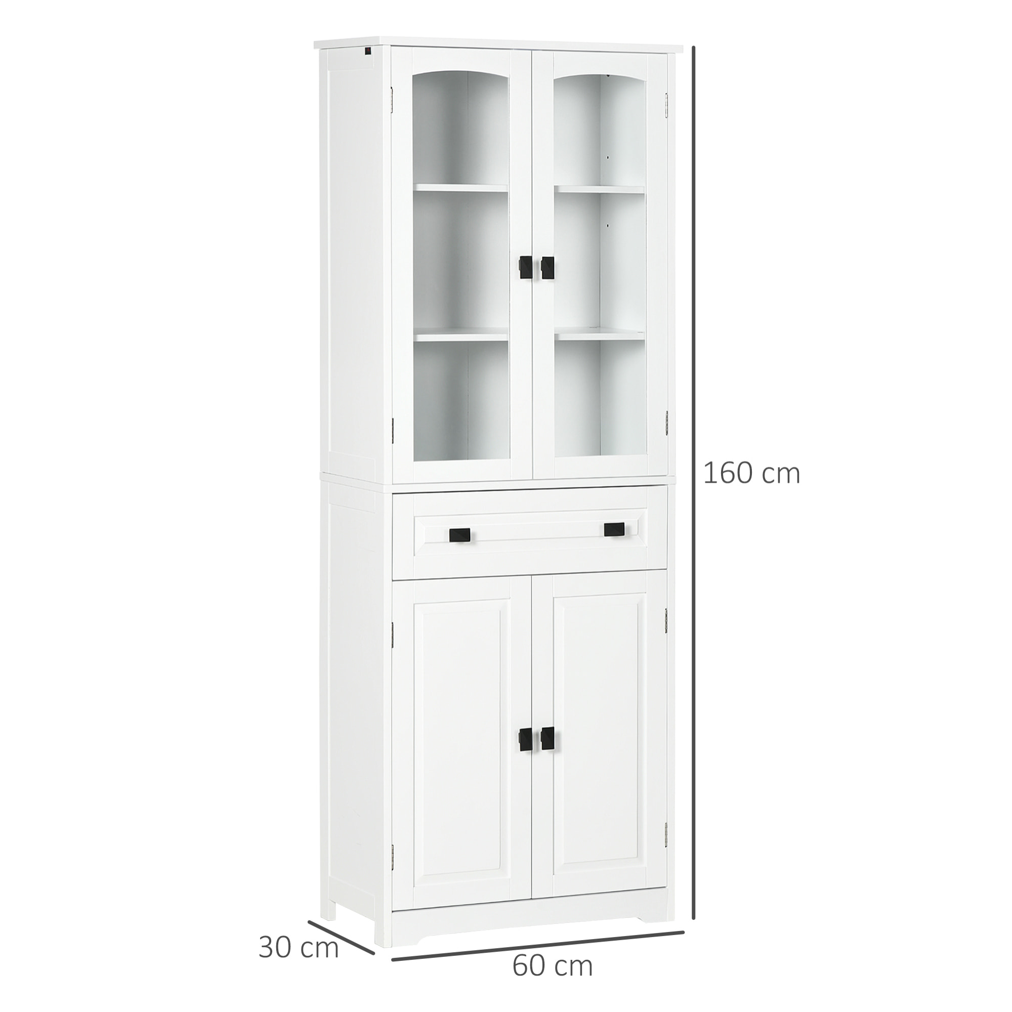 Armoire de cuisine buffet haut 4 portes 3 étagères tiroir verre trempé panneaux MDF blanc