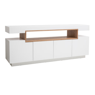 Buffet scandinave blanc laqué brillant et bois 4 portes L180 cm LIVO
