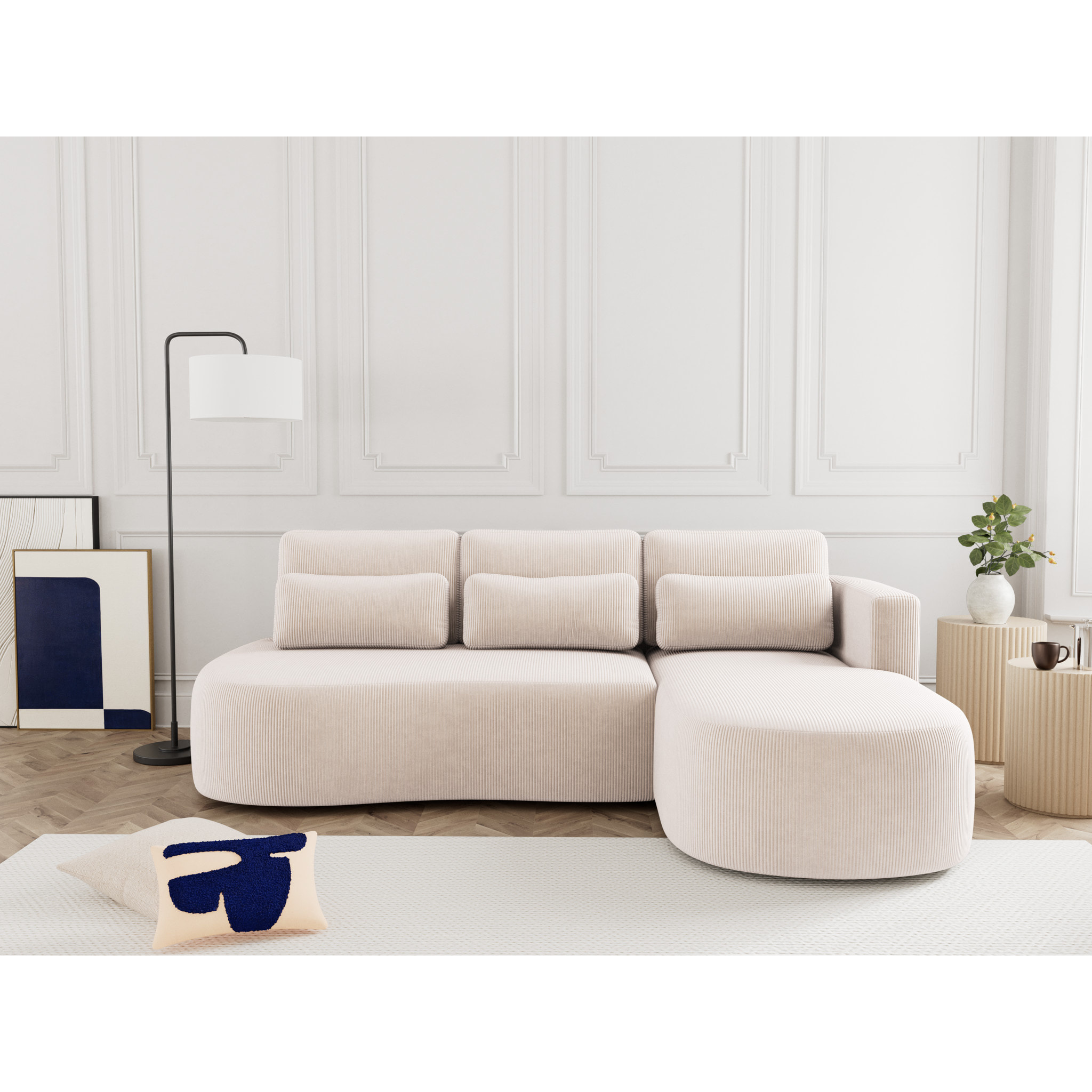Mahina - canapé d'angle droit 4 places convertible avec coffre en velours côtelé - Beige