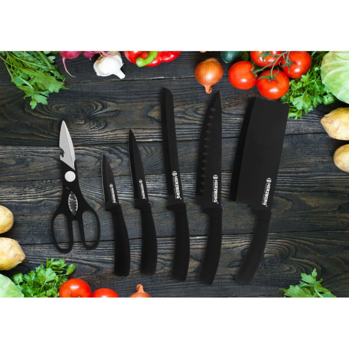 Set de couteaux avec support 8 pièces noir Herzberg HGMSN8BLK