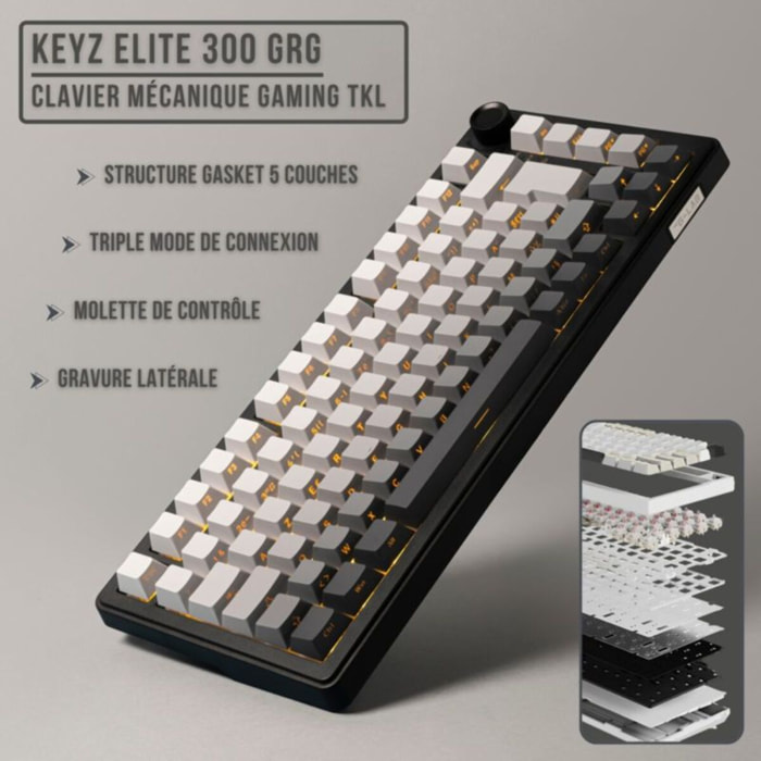 Clavier gamer sans fil THE G-LAB Keyz Elite 300 RGB Triple Mode Gris