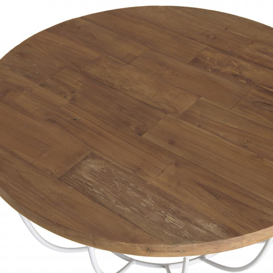 ALIDA - Table basse coque ronde 80x80cm plateau teck recyclé piétement métal blanc