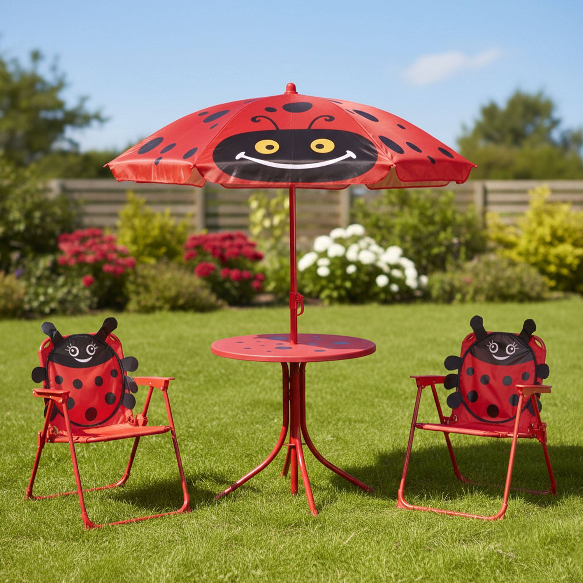 Well Home Conjunto jardín niños 4 piezas (mesa + 2 sillas + paraguas) diseño Mariquita, plegable y ligero